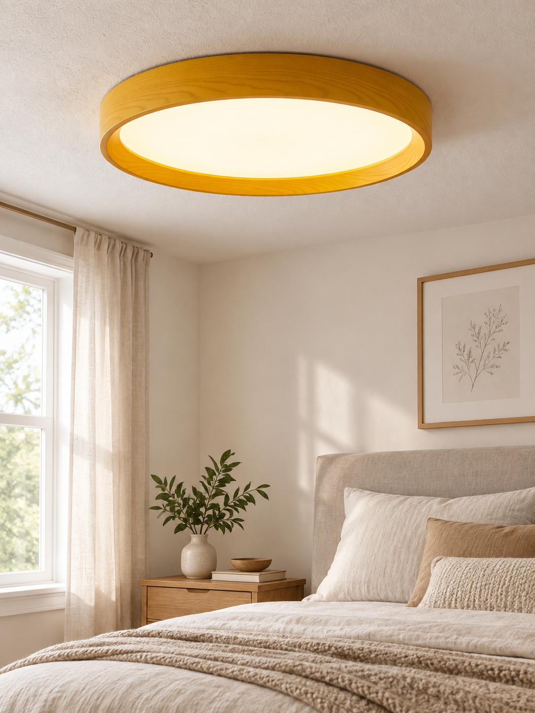 Nordic wooden-rim LED ceiling light installed in a warm bedroom.