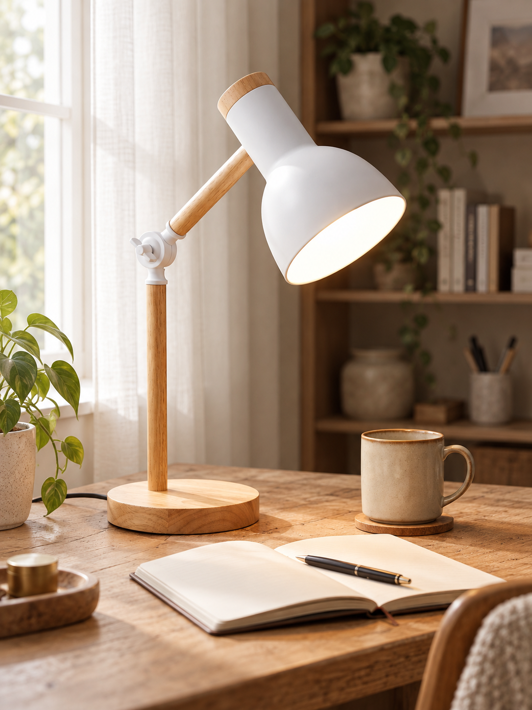 Nordic wooden and white desk lamp with adjustable arm illuminating a notebook in a warm home workspace.