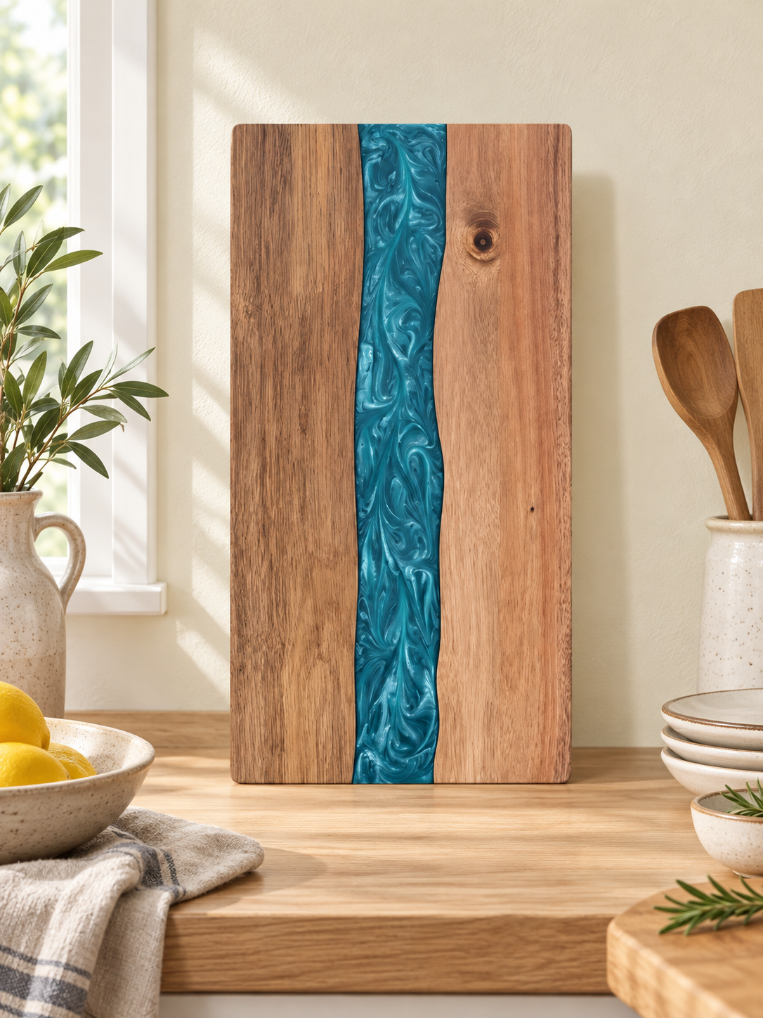 Premium Resin River Acacia Cutting Board with Stunning Inlay — lifestyle photograph 1