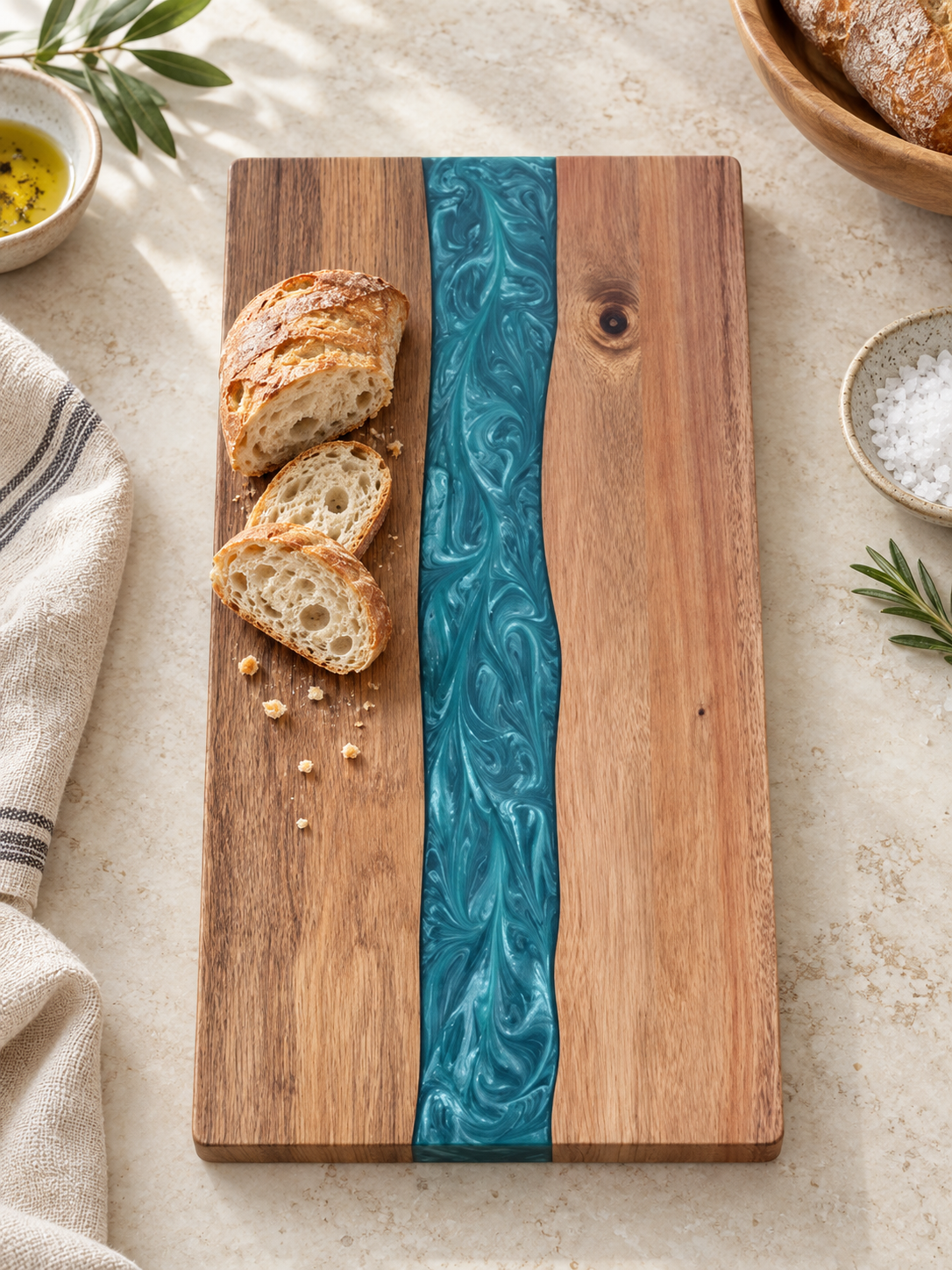 Premium Resin River Acacia Cutting Board with Stunning Inlay — lifestyle photograph 2