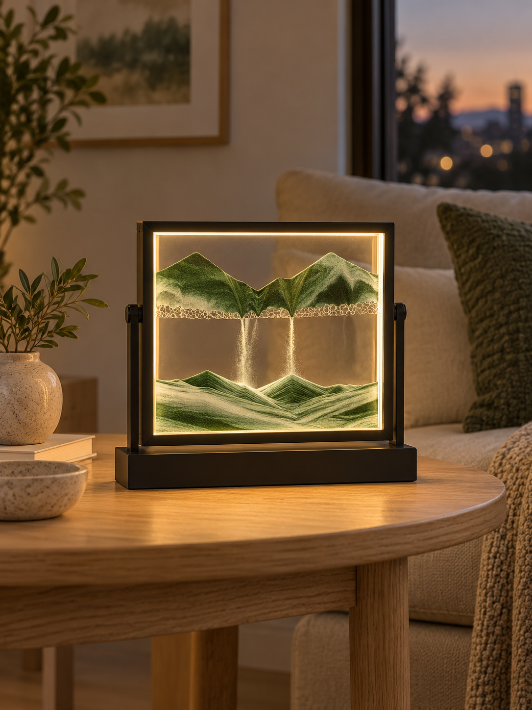 Sandlight Quicksand LED table lamp with green sand landscape and black frame, view 1