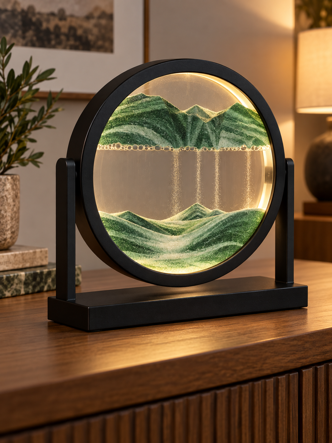 Sandlight Quicksand LED table lamp close view, green sand and black frame