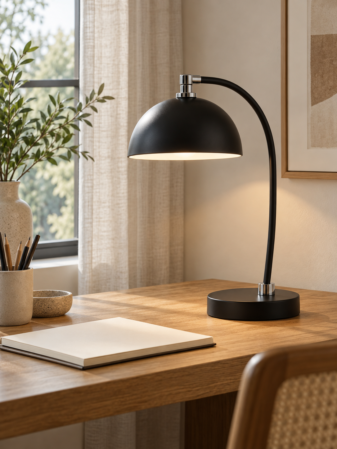 ScandiArc Bauhaus table lamp in a warm modern interior, view 1