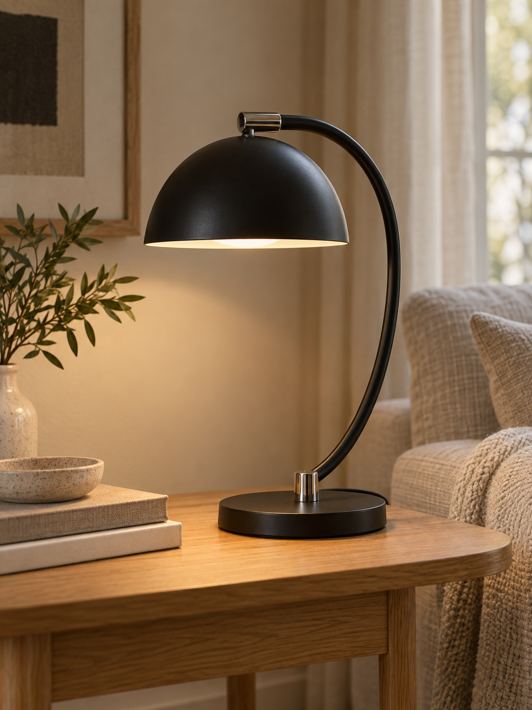 ScandiArc Bauhaus table lamp, curved arm and domed shade, view 2