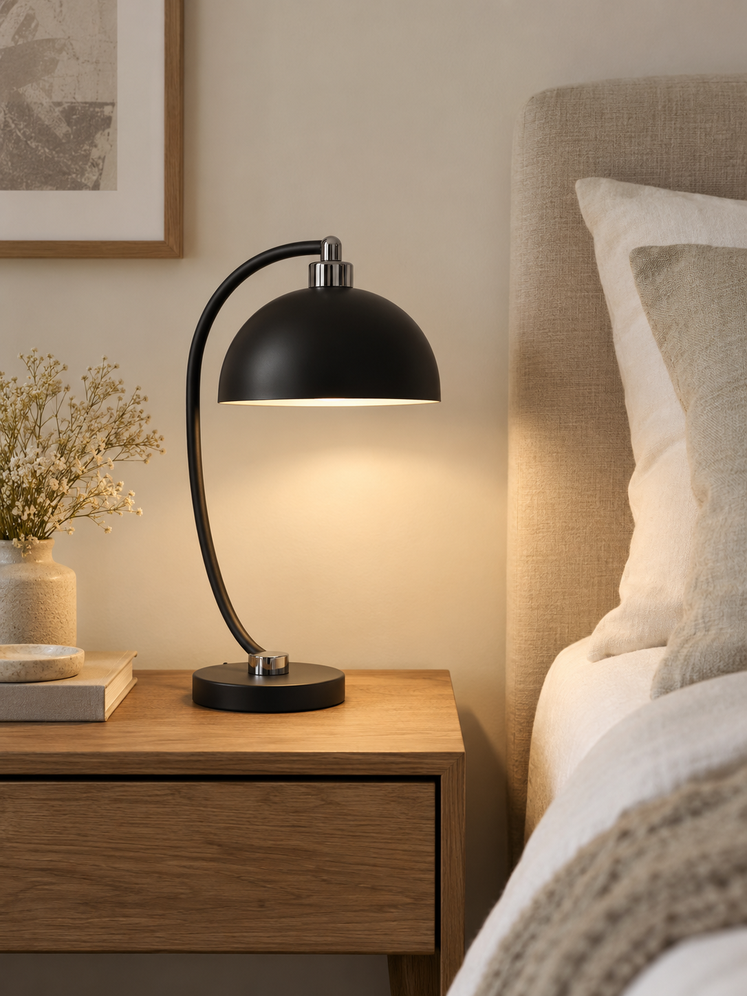 ScandiArc Bauhaus table lamp beside a bed, view 3