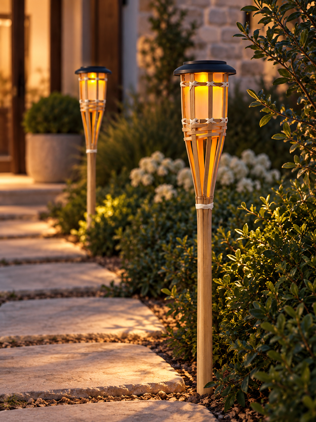 Solar Bamboo Flame Garden Lights, 2-Pack, Flickering LED Stake Lanterns for Lawn and Pathway