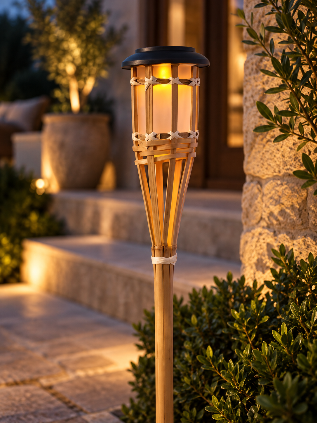 Solar Bamboo Flame Garden Lights, 2-Pack, Flickering LED Stake Lanterns for Lawn and Pathway