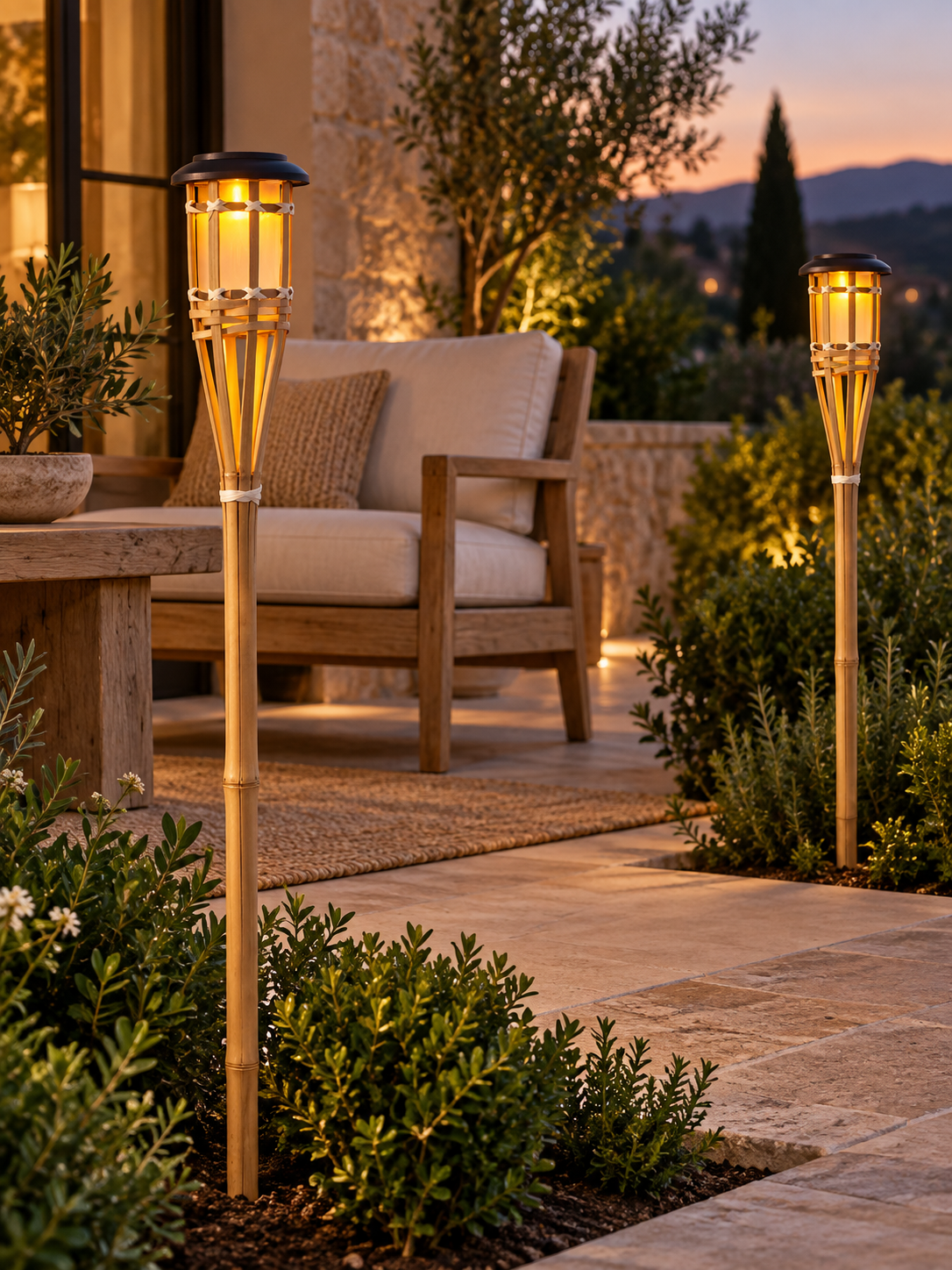 Solar Bamboo Flame Garden Lights, 2-Pack, Flickering LED Stake Lanterns for Lawn and Pathway