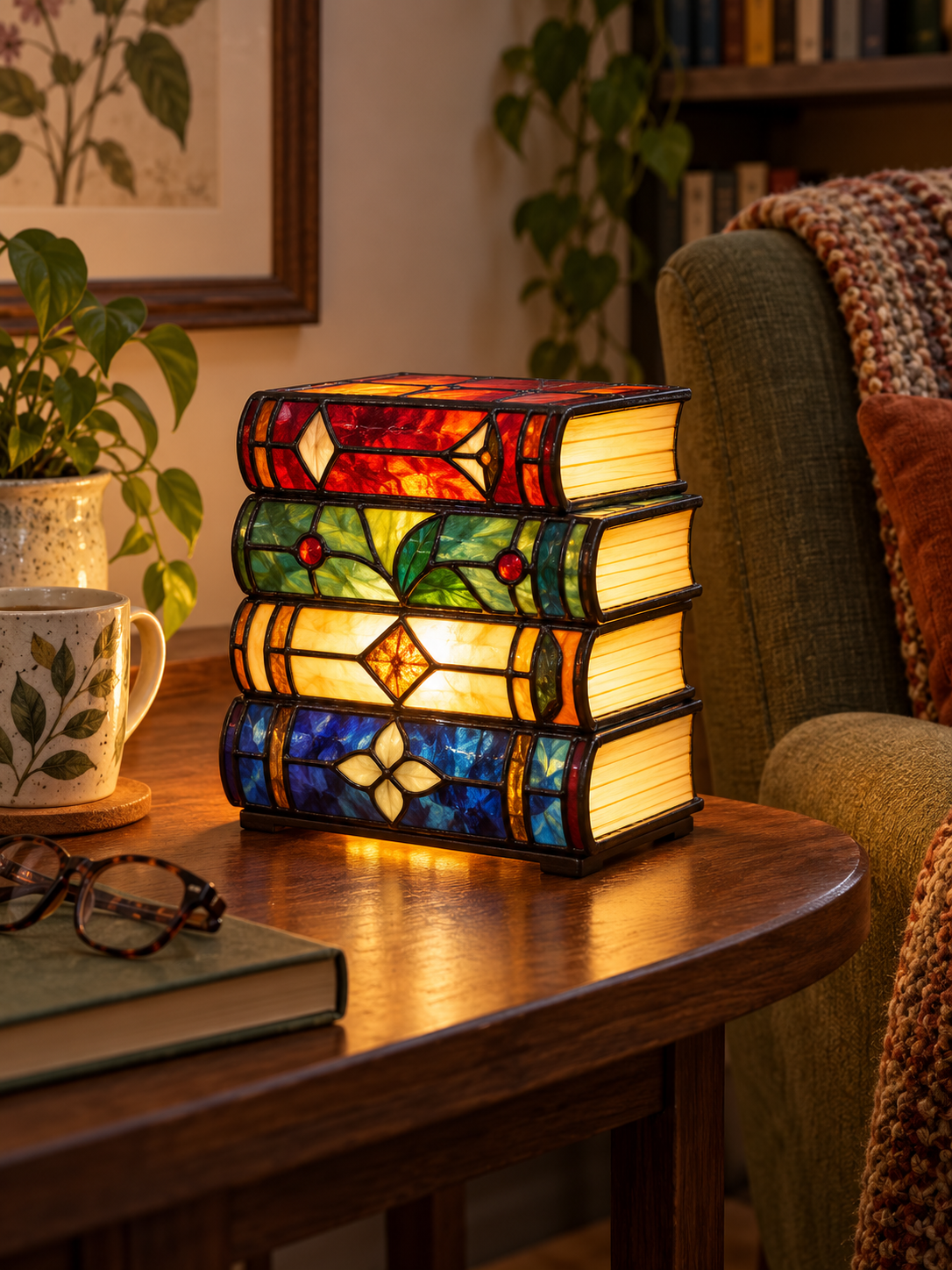 Stained Glass Book Lamp stack of colorful books, view 1