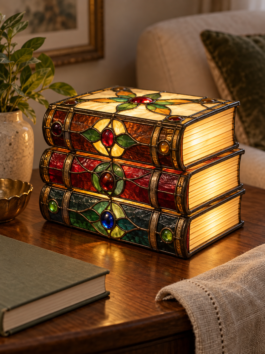Stained Glass Book Lamp close detail, view 2