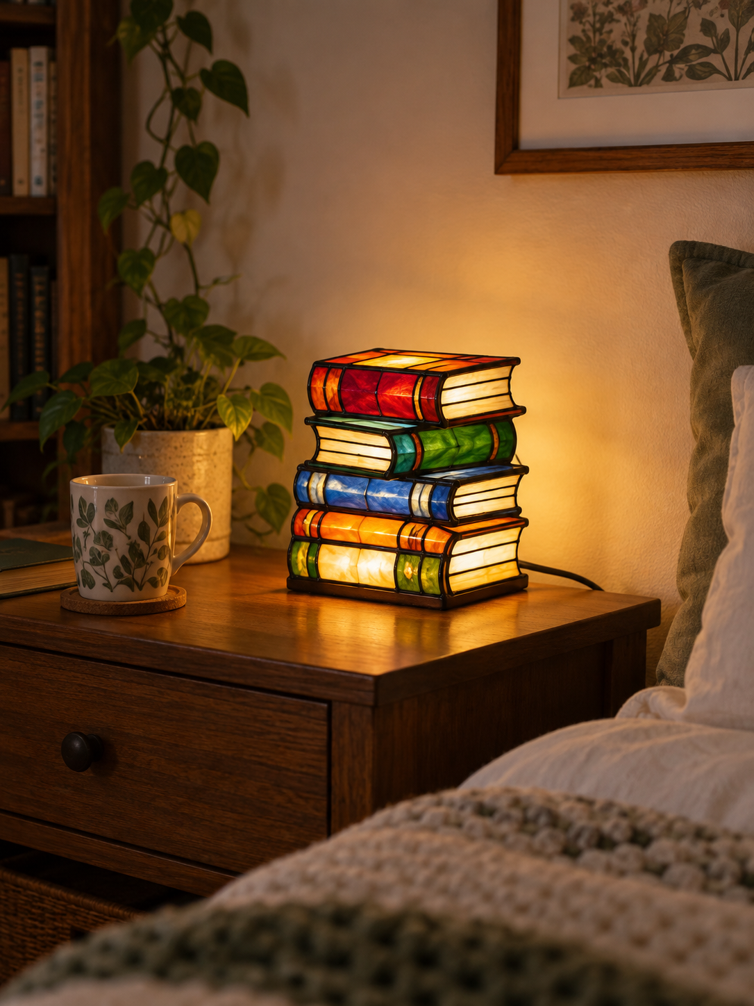 Stained Glass Book Lamp on a bedside table, view 3