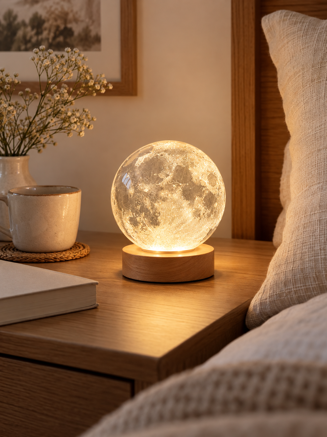 Stellora 3D crystal night light glowing on a table, view 1