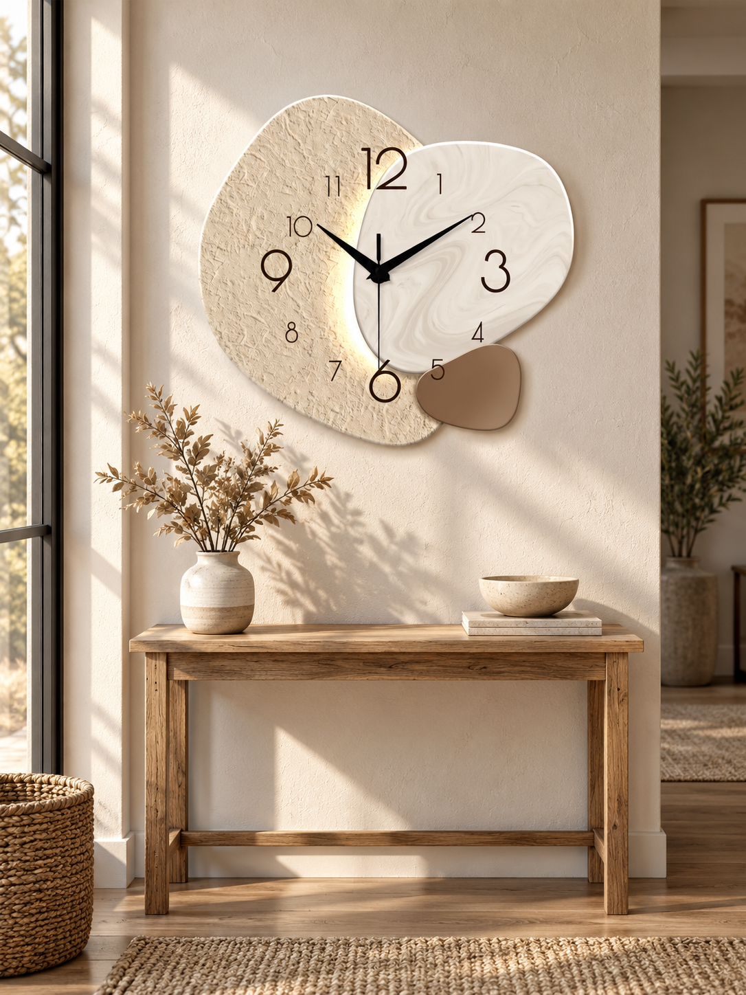 TempoStone textured wall clock in a warm oak entryway.