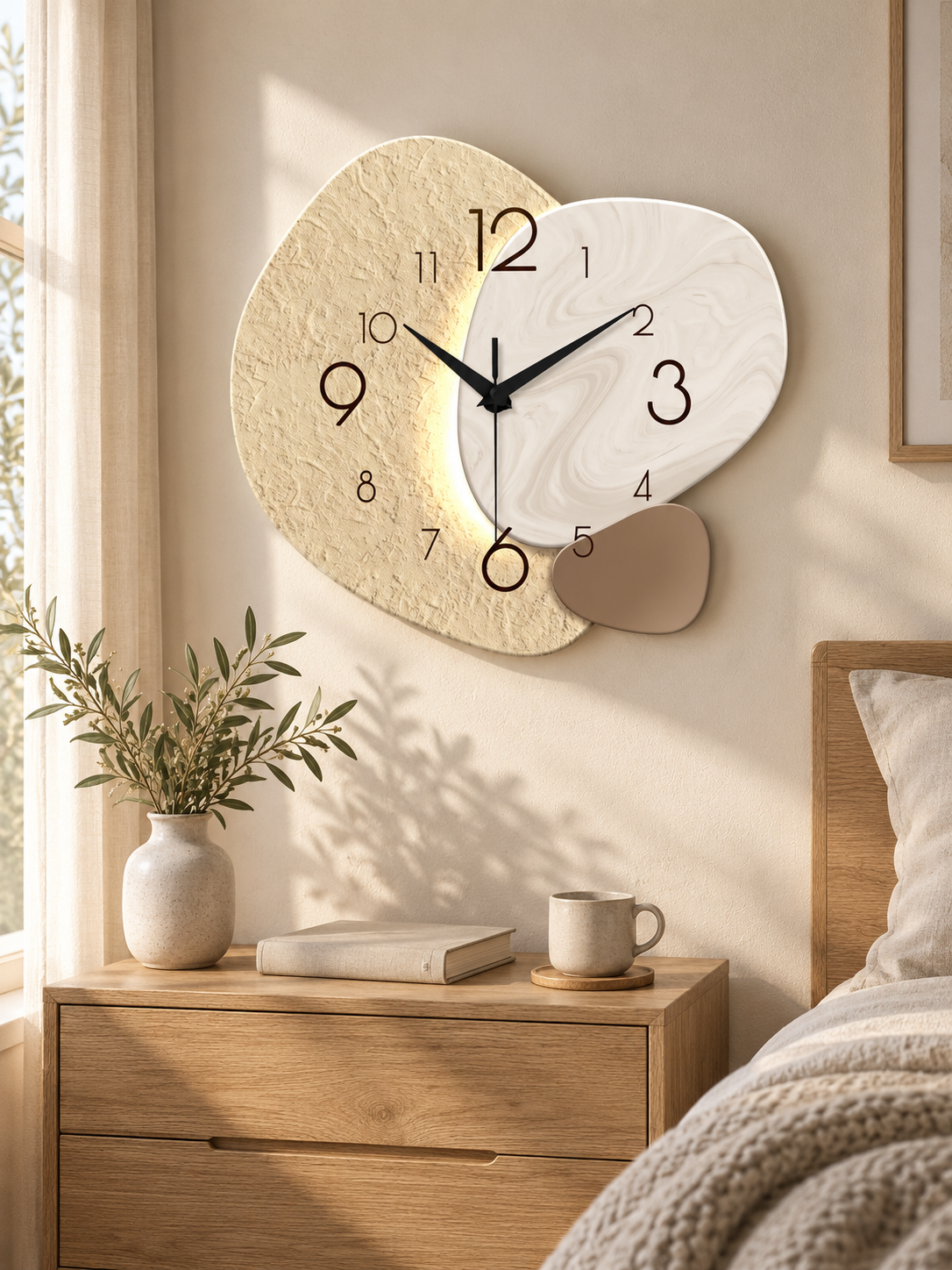 TempoStone textured wall clock in a warm bedroom reading corner.