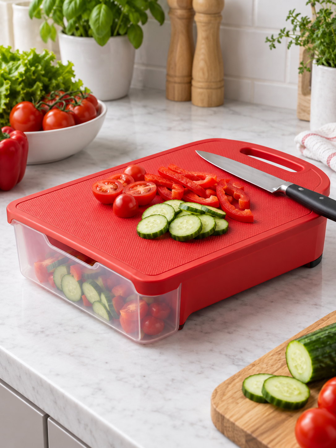 Red two-in-one chopping board with integrated storage, view 1