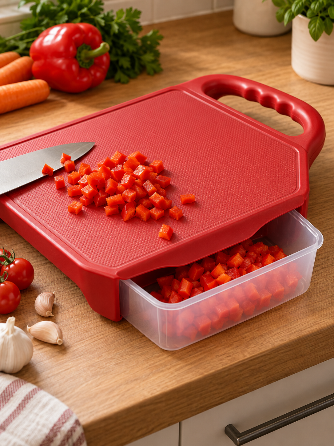 Red two-in-one chopping board with storage container close view