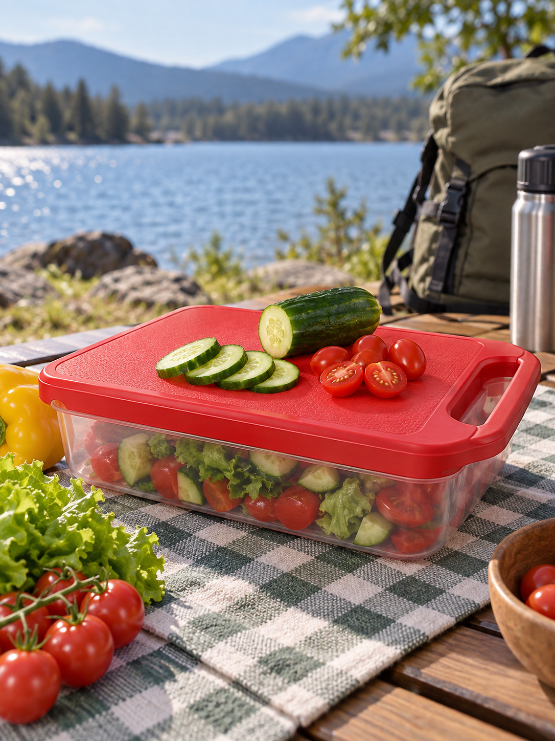 Red two-in-one chopping board at an outdoor picnic, view 3