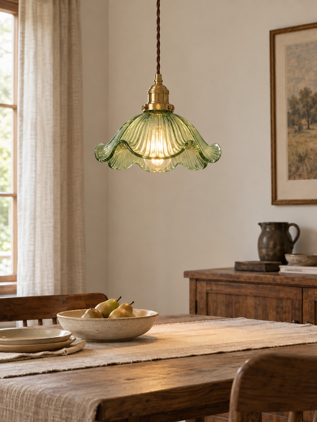 Elegant vintage green floral glass pendant lamp, view 1