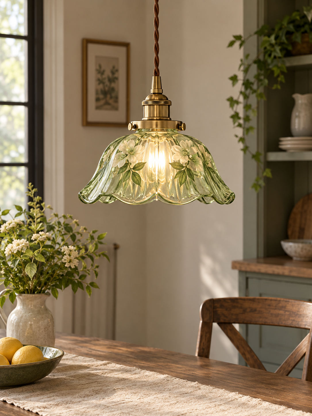 Elegant vintage floral glass pendant lamp detail, view 2