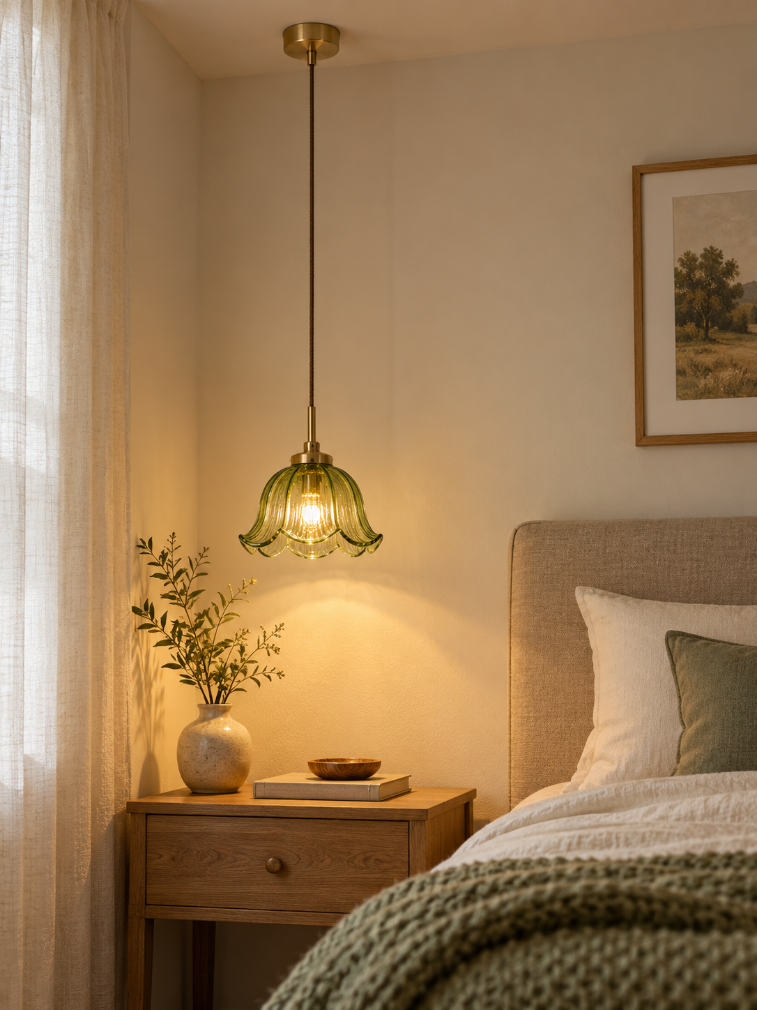 Elegant vintage floral glass pendant lamp in a bedroom, view 3