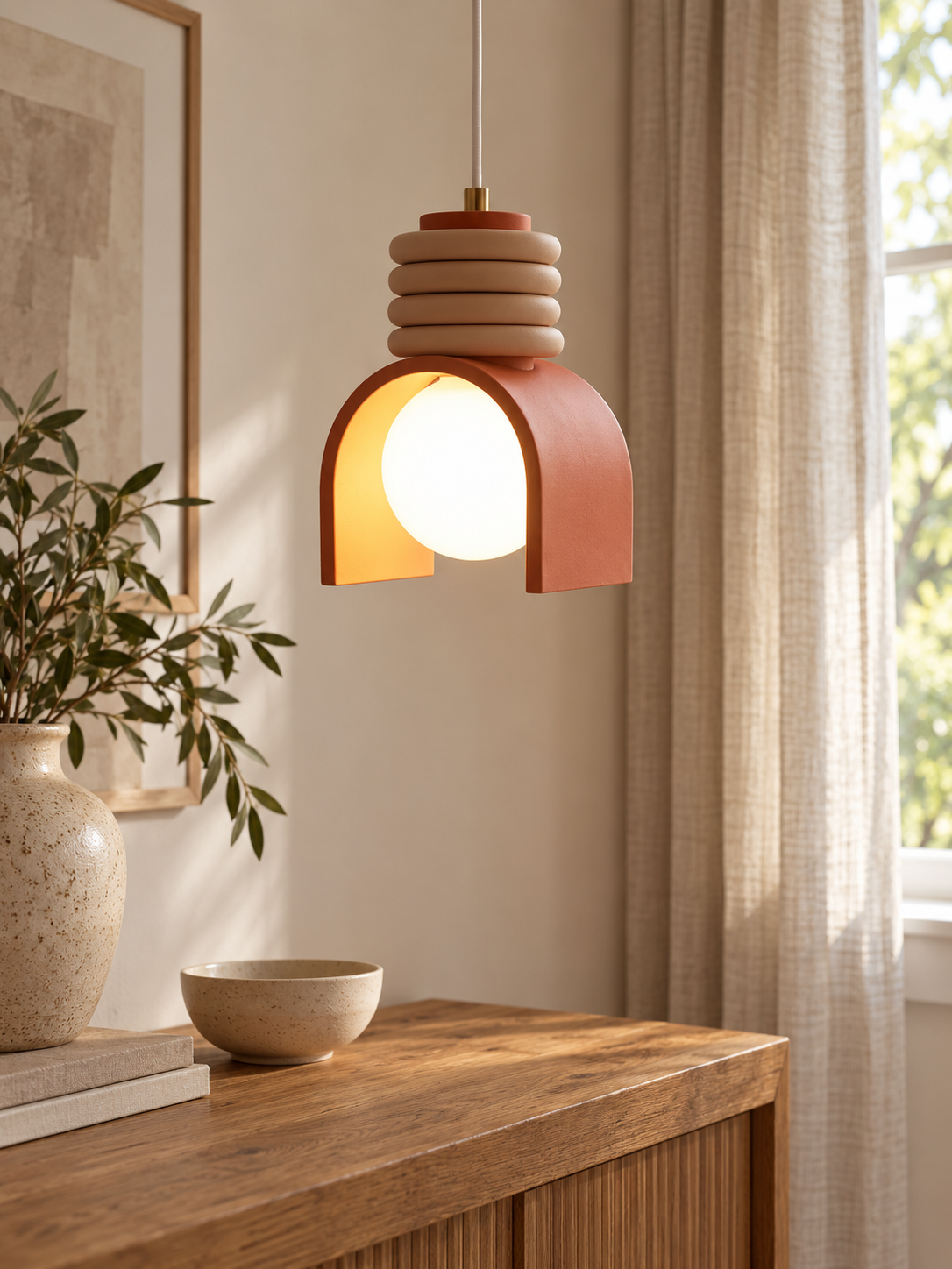 Terracotta arch pendant with beige stacked rings in a warm home interior, scene 1.