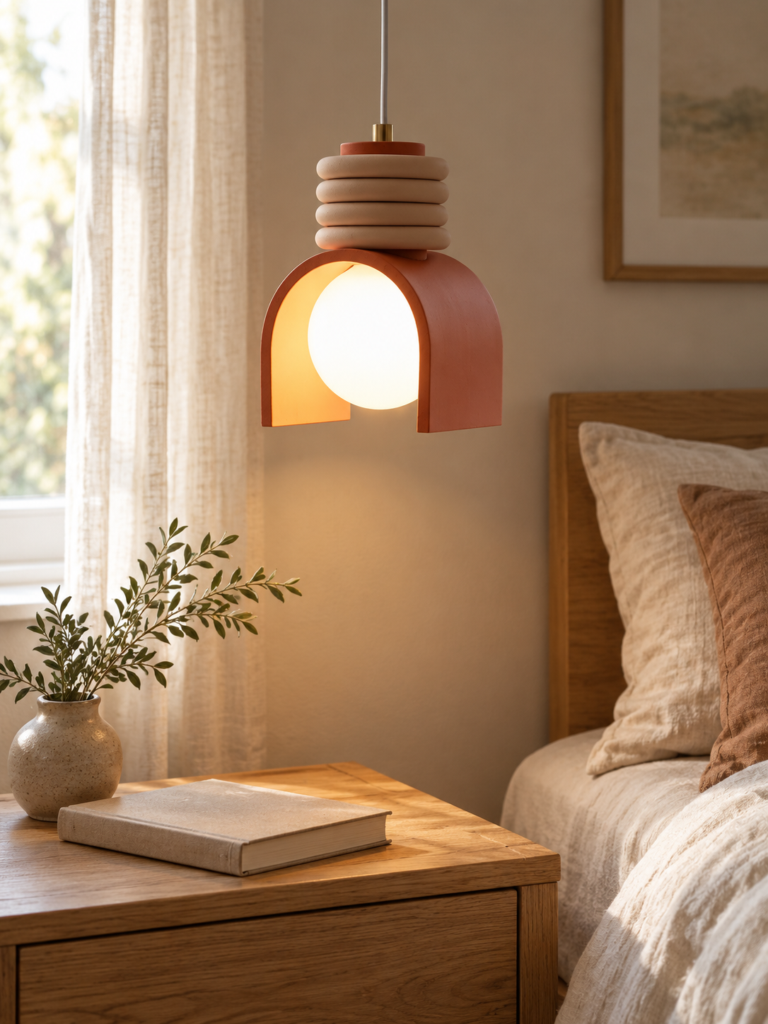 Terracotta arch pendant with beige stacked rings in a warm home interior, scene 2.
