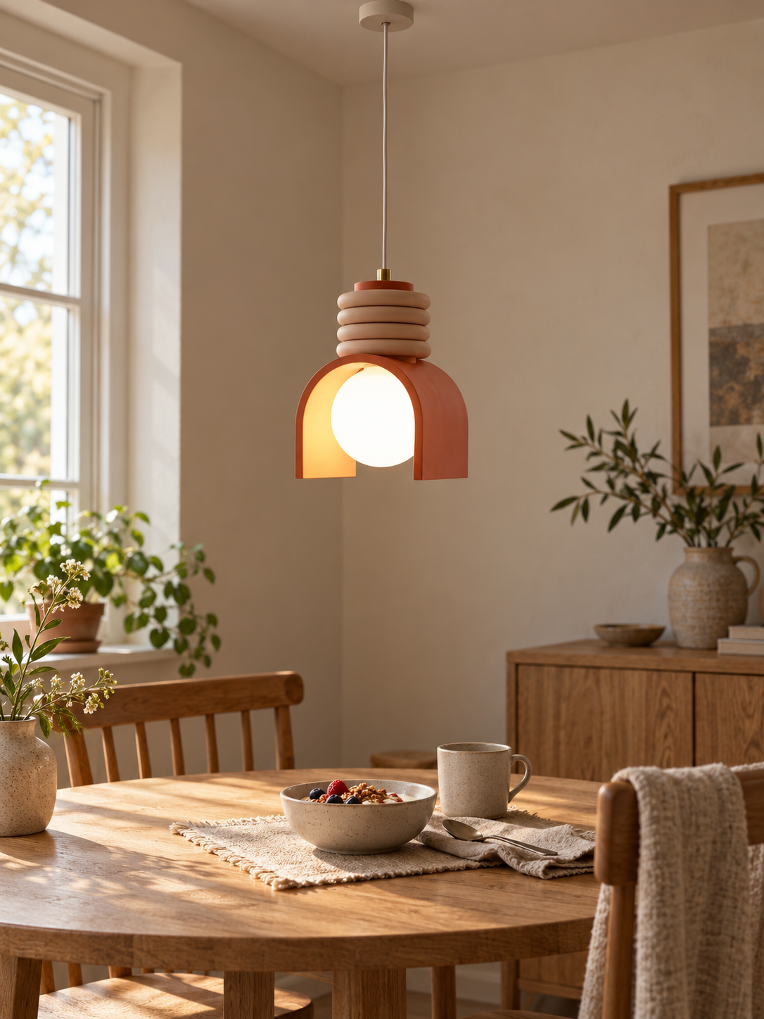 Terracotta arch pendant with beige stacked rings in a warm home interior, scene 3.