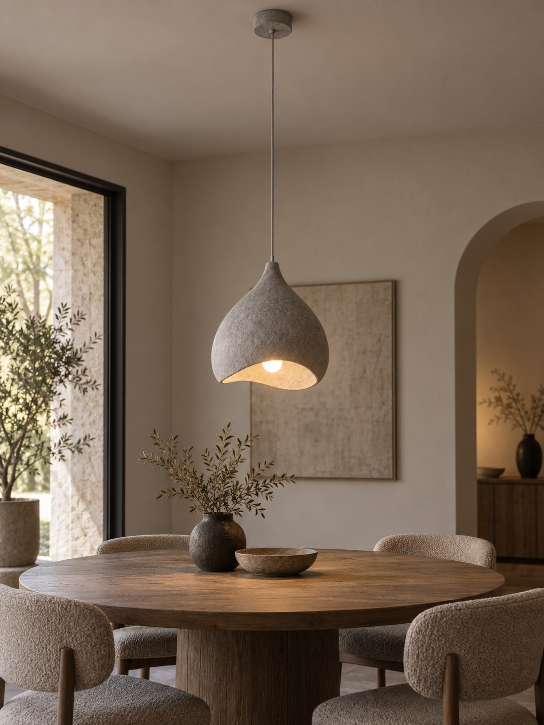 Zenith Glow grey handmade LED chandelier over a dining table, view 1