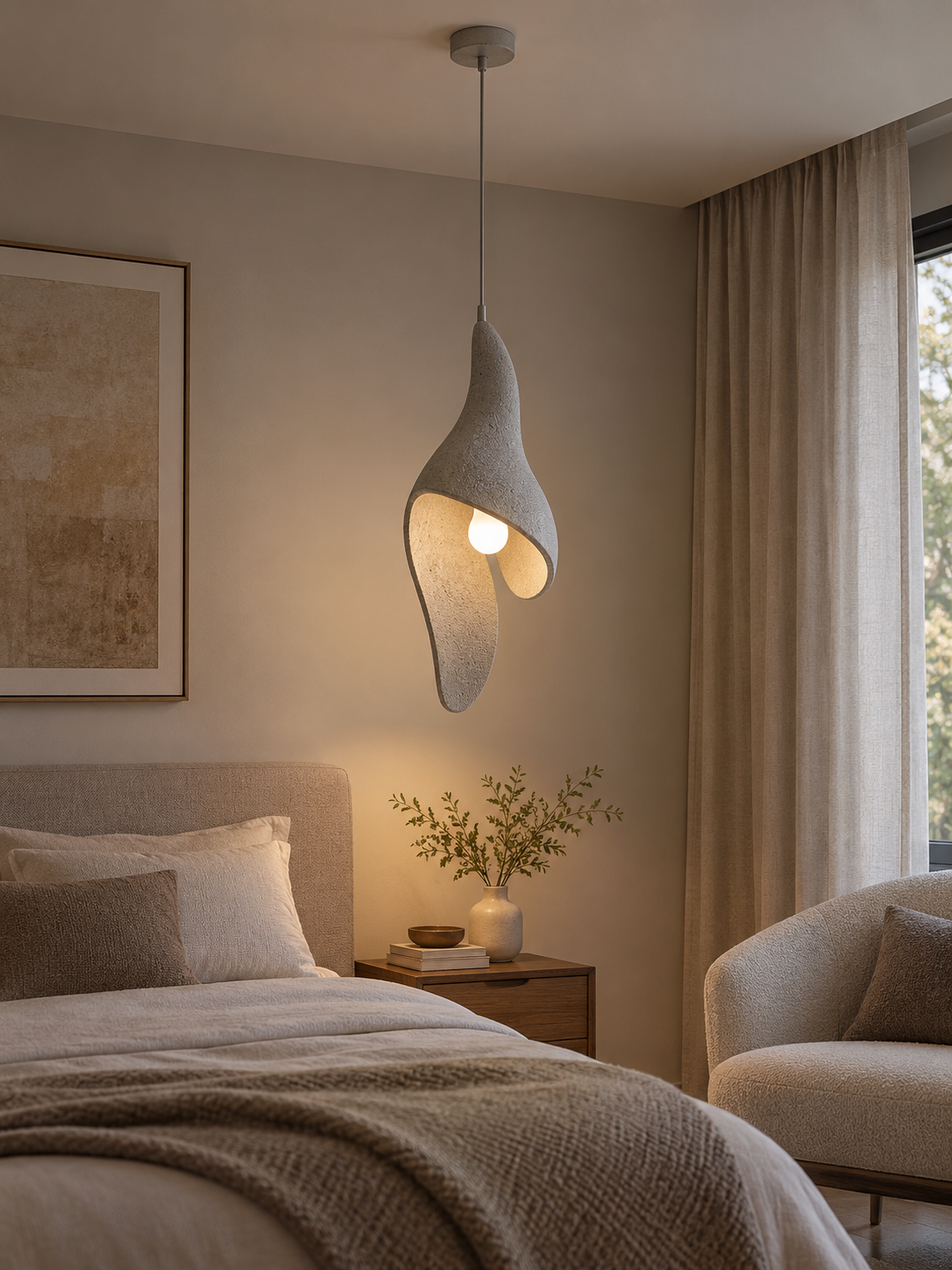 Zenith Glow grey handmade LED chandelier in a bedroom, view 3