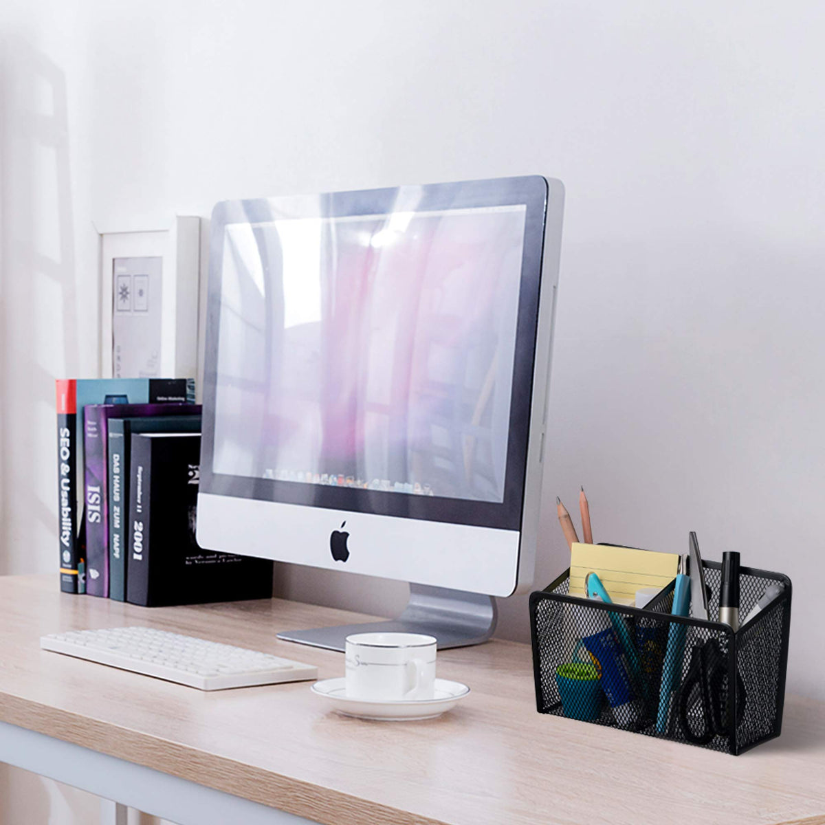 Magnetic Pencil Holder with Metal Mesh Basket Design for Locker and Desk Storage