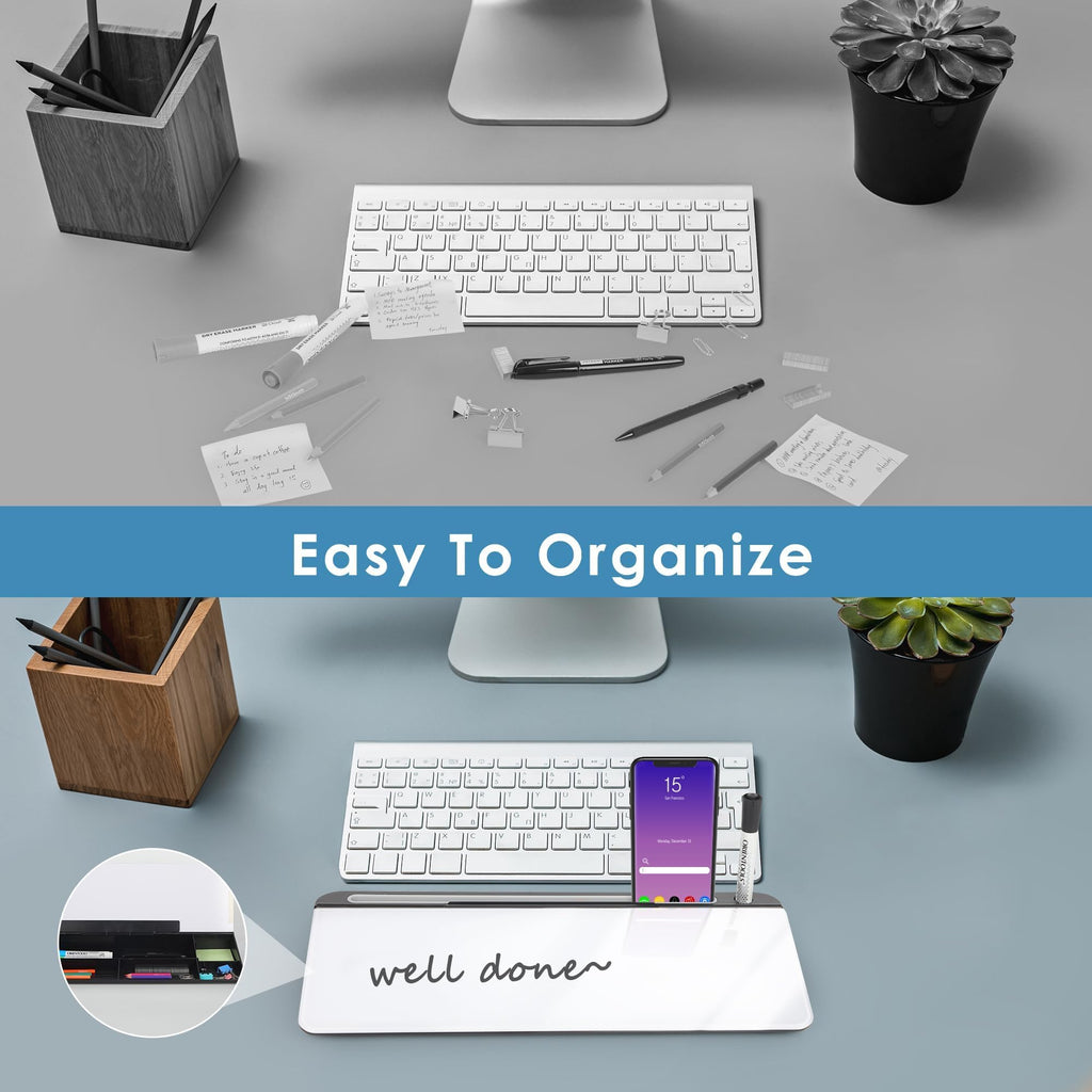Desktop Glass Whiteboard with Tempered Surface and Storage Compartment for Home Office Notes