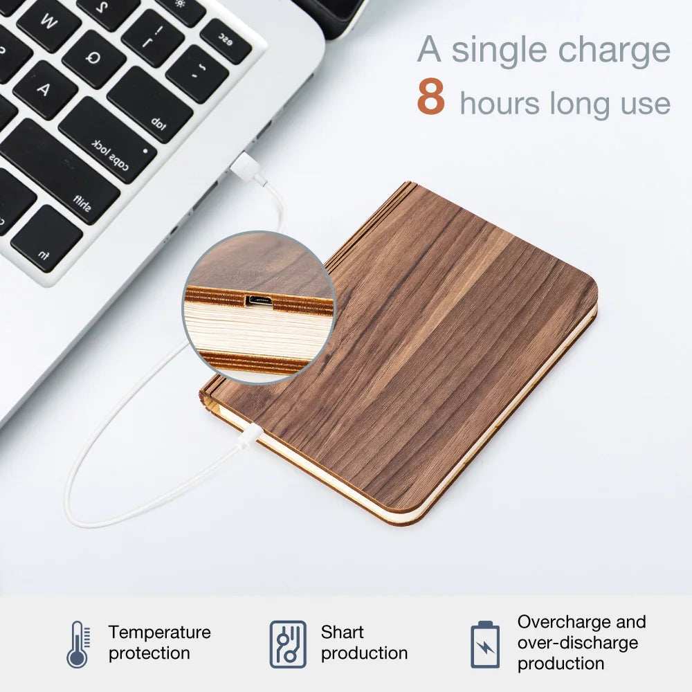 LED Wooden Book Lamp with 3 Color Modes USB Rechargeable for Kids Bedside or Bedroom Decor
