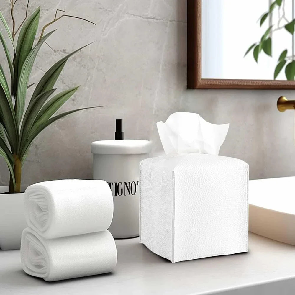 PU Leather Tissue Holder with Square Decorative Design for Bathroom and Office Organization