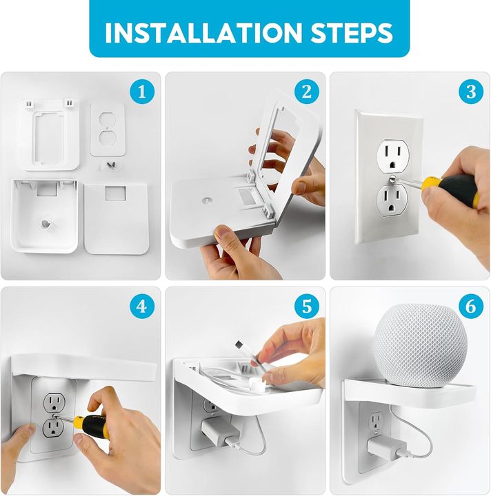Outlet Wall Shelf with Cable Management for Bathroom and Smart Device Wall Storage