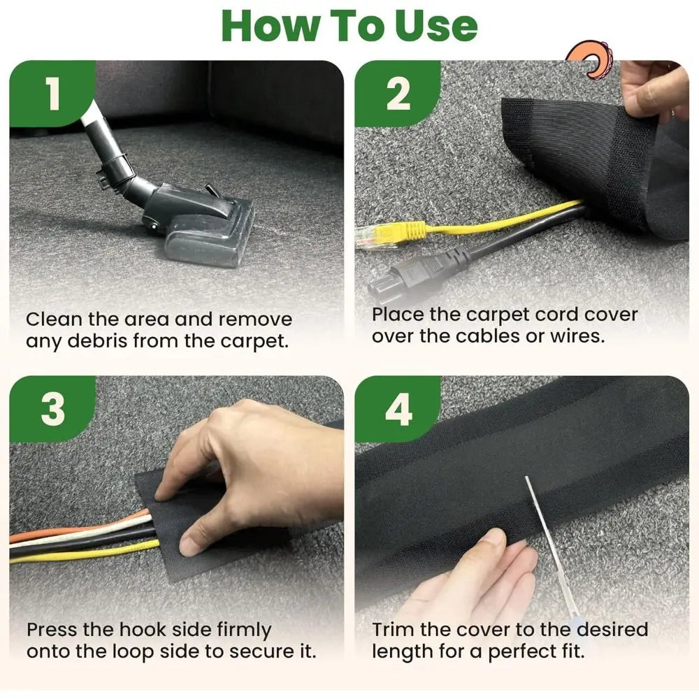 Carpet Cable Cover with Nylon Floor Cord Protector for Office and Home Wire Management