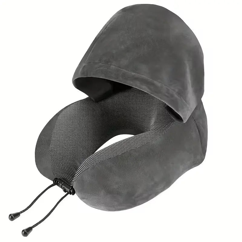 Hooded Travel Pillow with U Shaped Memory Foam and Light Blocking Hood for Airplane, Office, and Car Rest