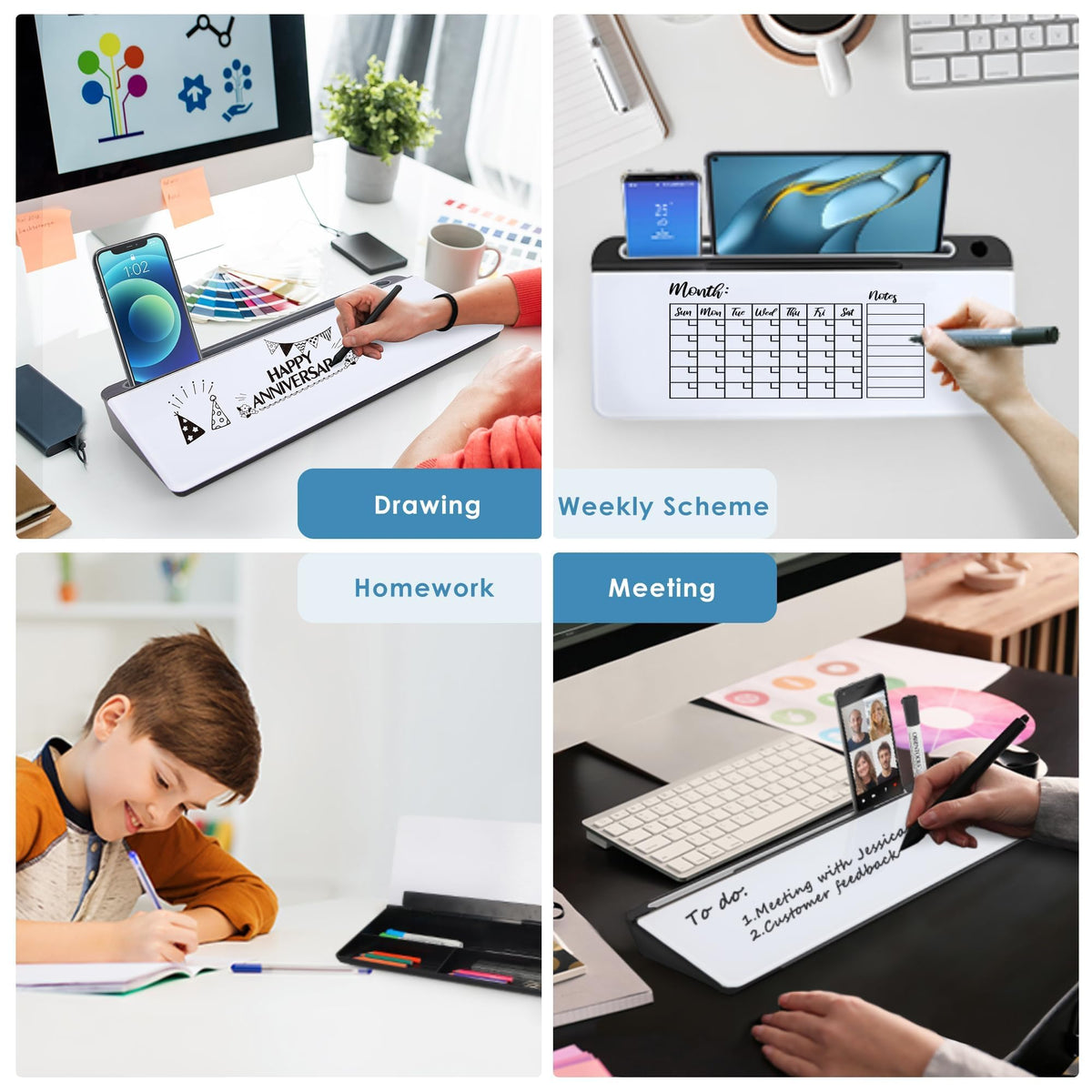 Desktop Glass Whiteboard with Tempered Surface and Storage Compartment for Home Office Notes