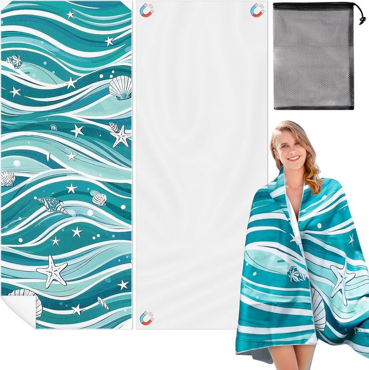 Magnetic Beach Towel with Quick Dry Microfiber and Built In Corner Magnets for Beach Chair Car Door Pool and Travel