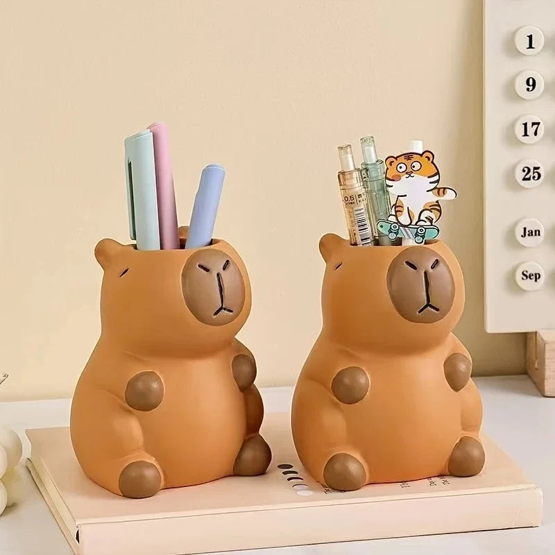 Pen Holder Ceramic Capybara Design for Desk Stationery and Makeup Brush Storage