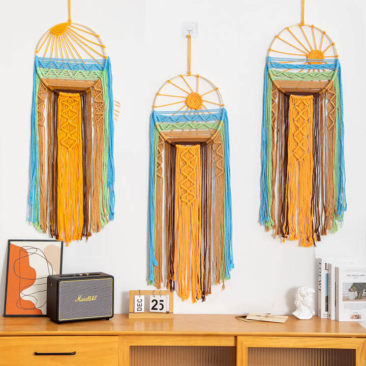 Boho Macrame Sunrise Wall Hanging Cotton Dream Catcher Style Tapestry for Bedroom Living Room Decor