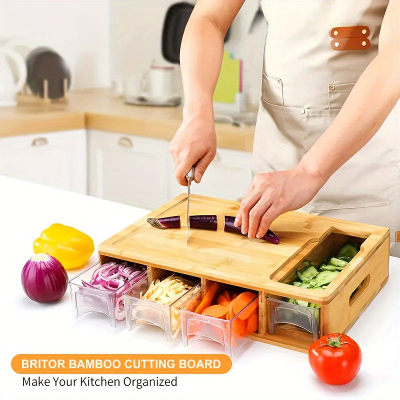 Premium Bamboo Cutting Board with Built-In Storage Trays