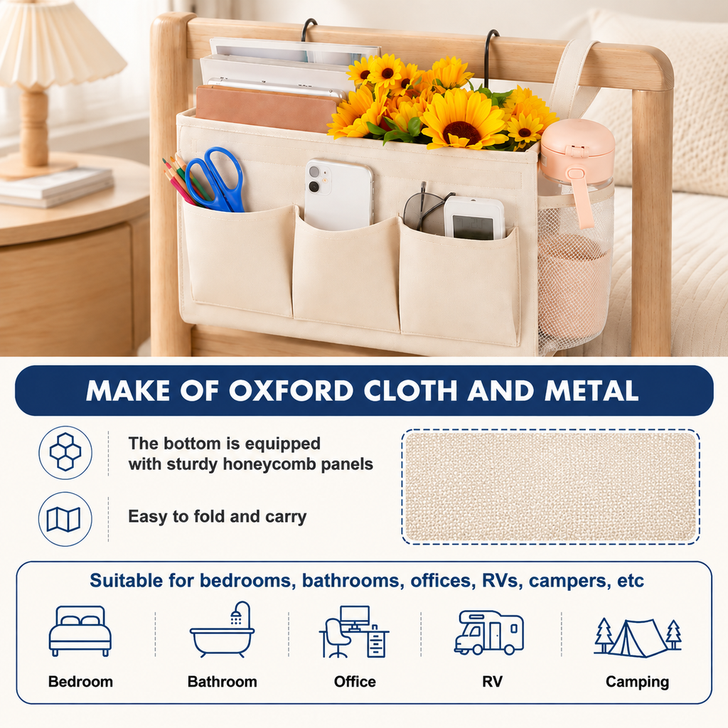 Bedside Caddy Organizer with Multiple Pockets and Hooks for Beds, Sofas and Dorm Storage