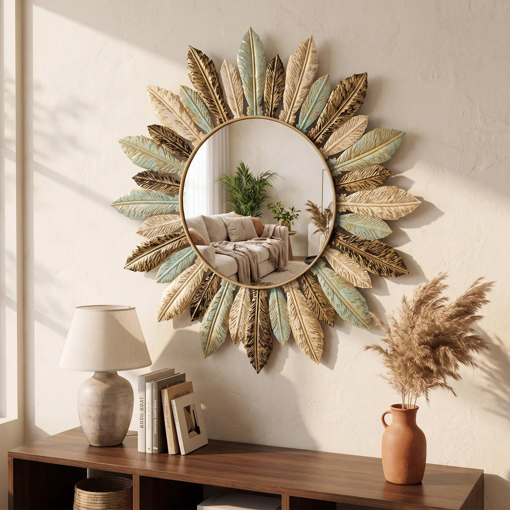 Bohemian Sunburst Metal Wall Mirror - Bold Boho Accent for Modern Walls