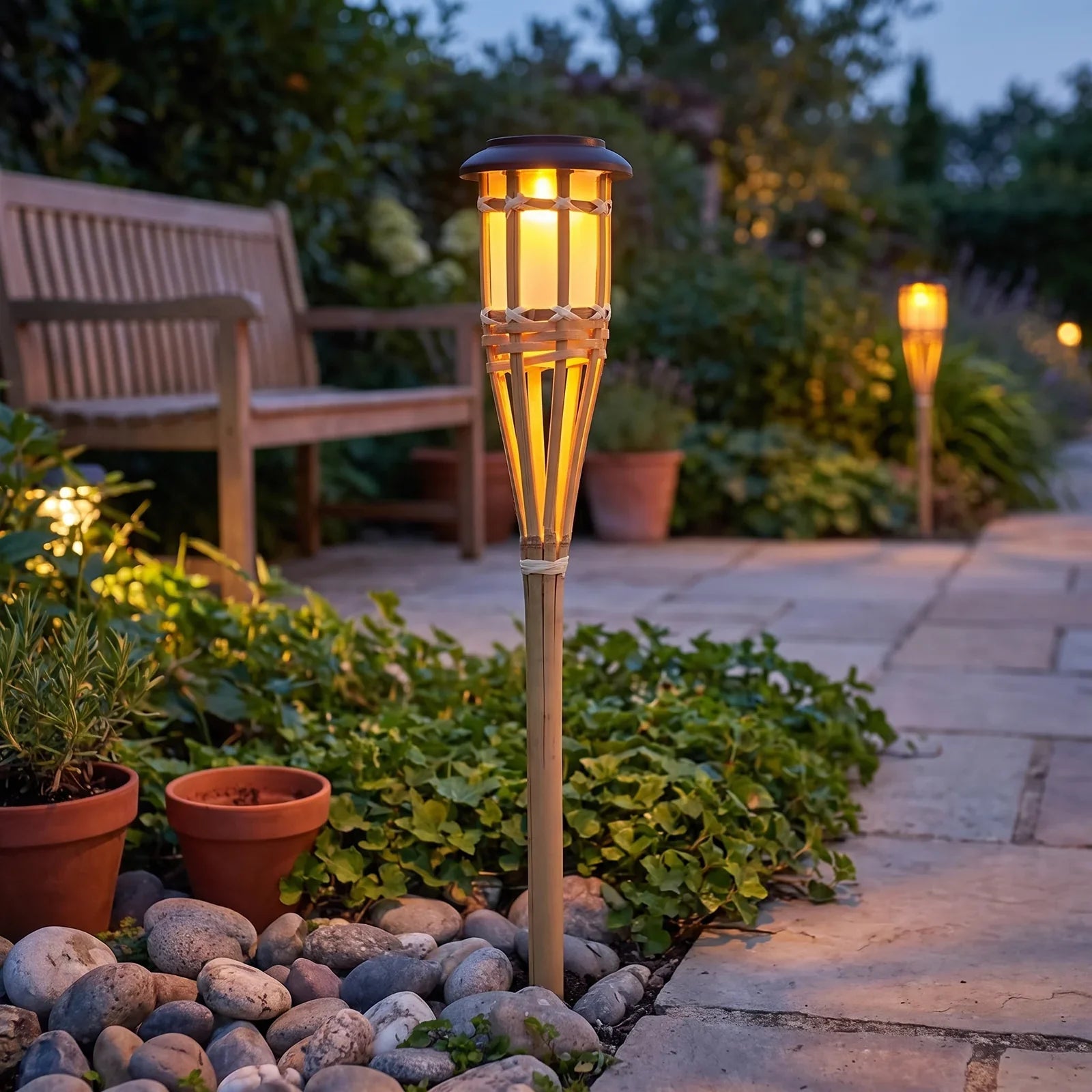 2-Pack Solar Bamboo Flame Lights for Cozy Outdoor Ambience