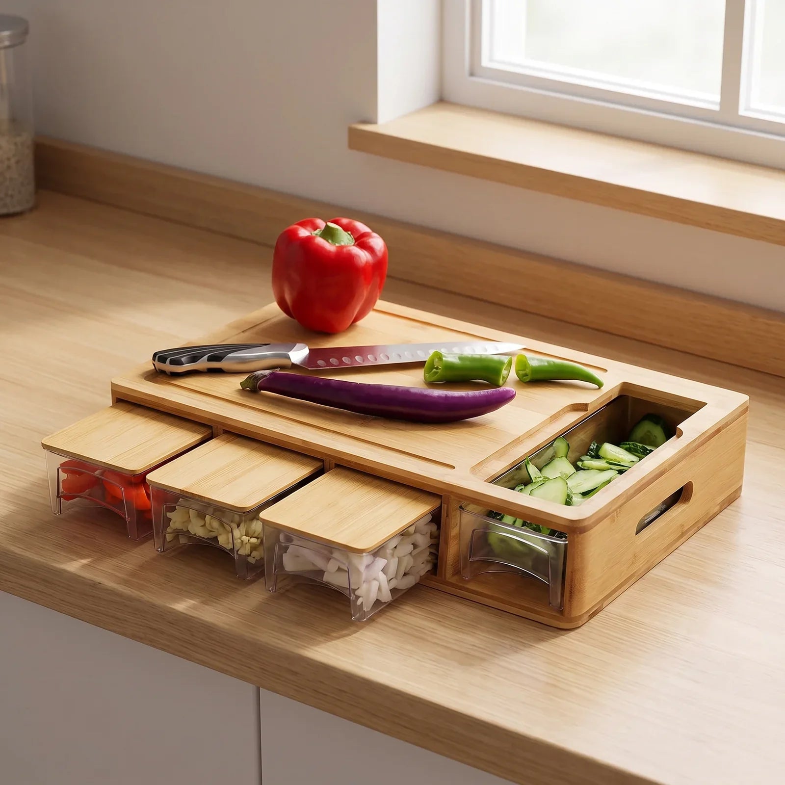 Premium Bamboo Cutting Board with Built-In Storage Trays