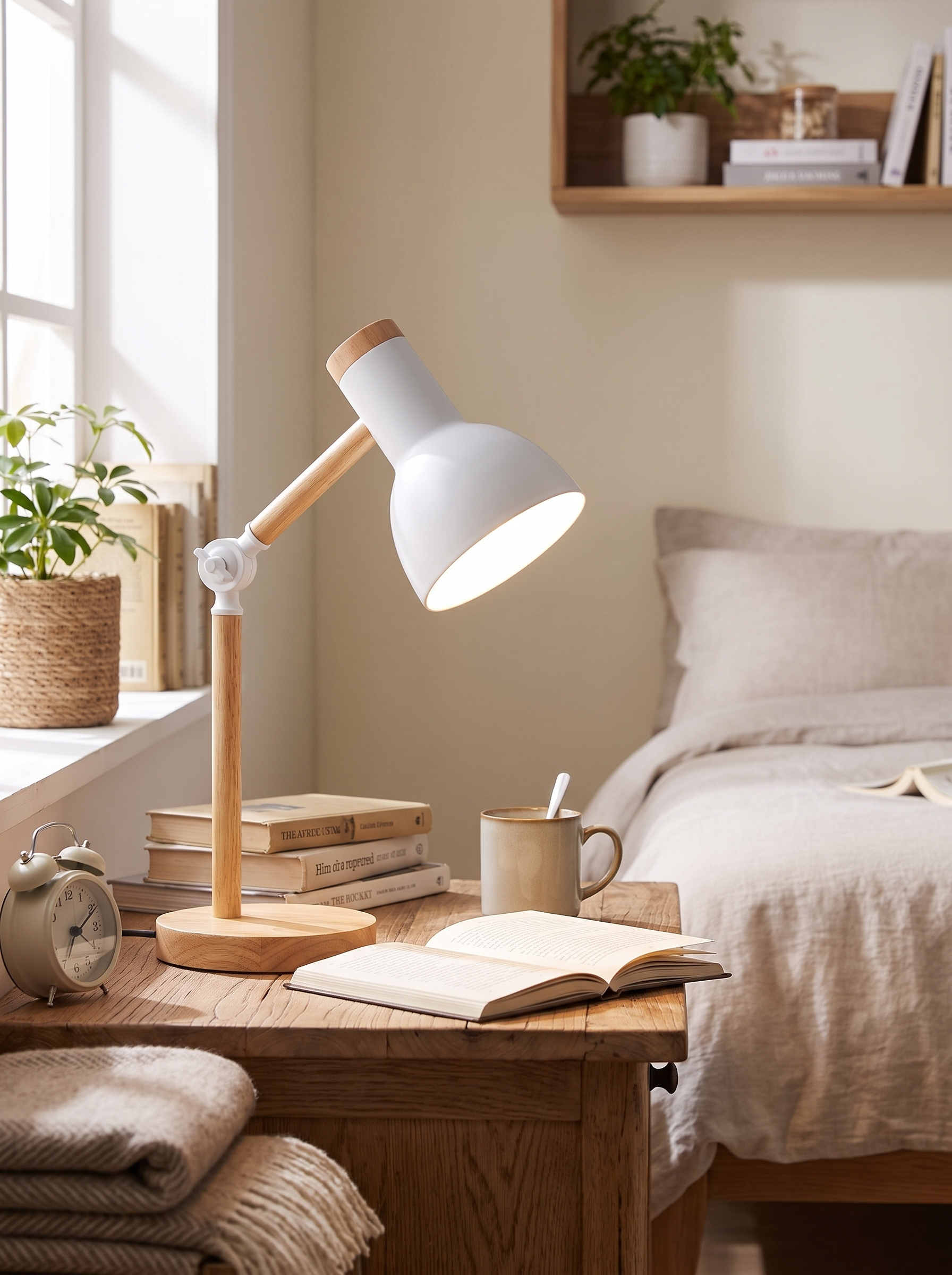 Nordic Wooden LED Desk Lamp - Minimalist Scandinavian Design with Warm LED Glow in a home setting, view 3