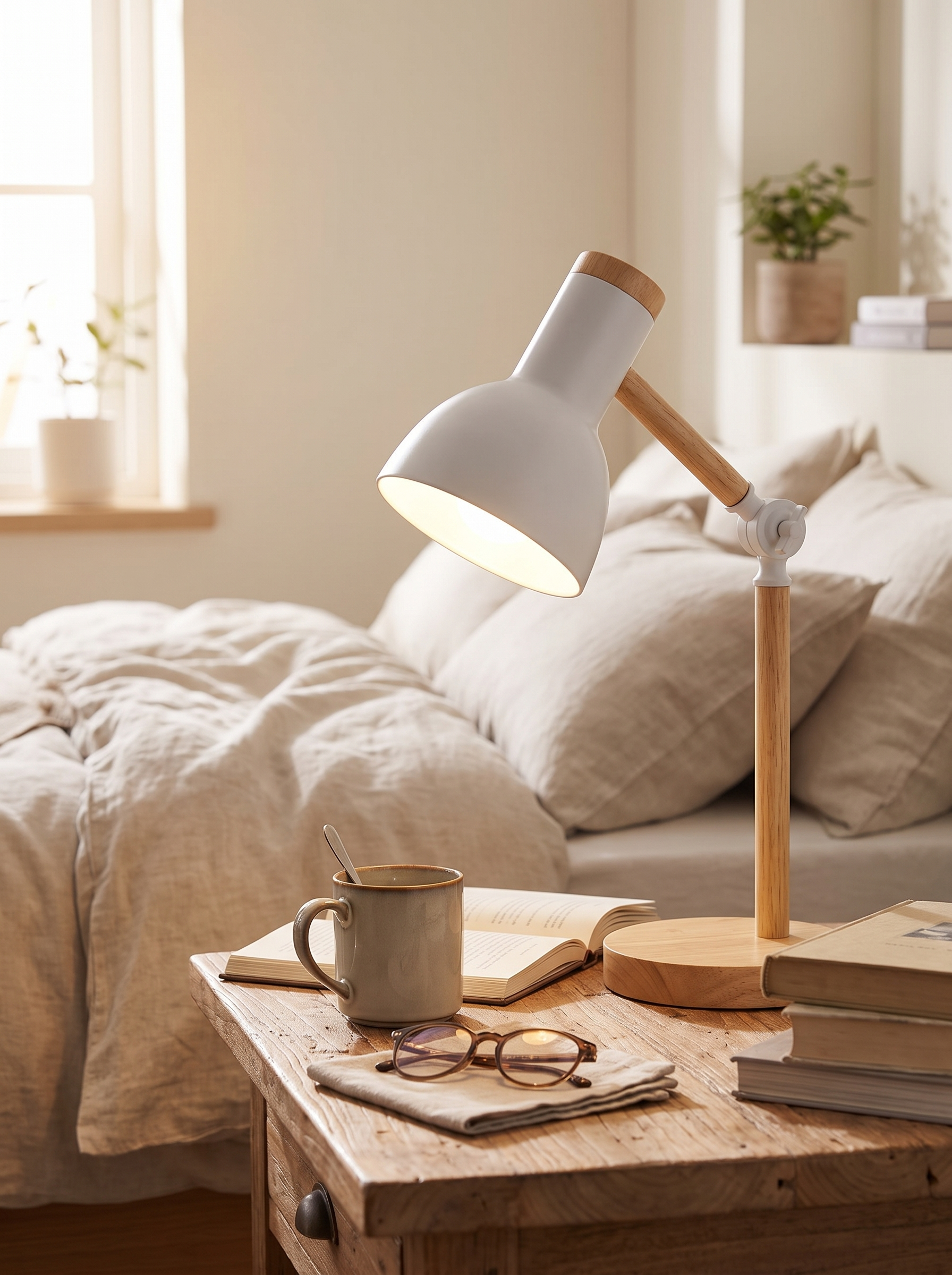 Nordic Wooden LED Desk Lamp - Minimalist Scandinavian Design with Warm LED Glow in a home setting, view 1
