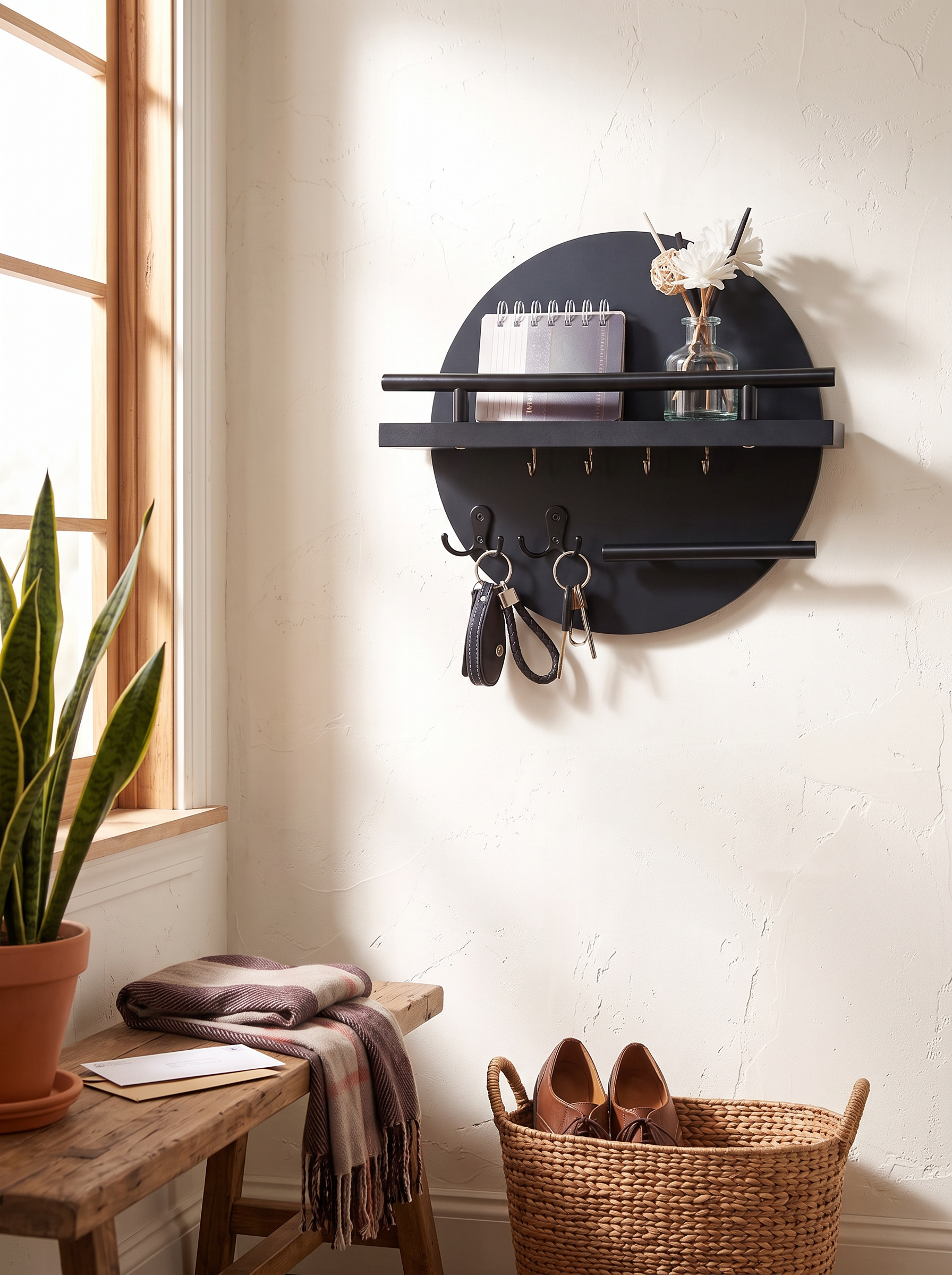 Rustic Round Wooden Key Holder for Wall in a home setting, view 1