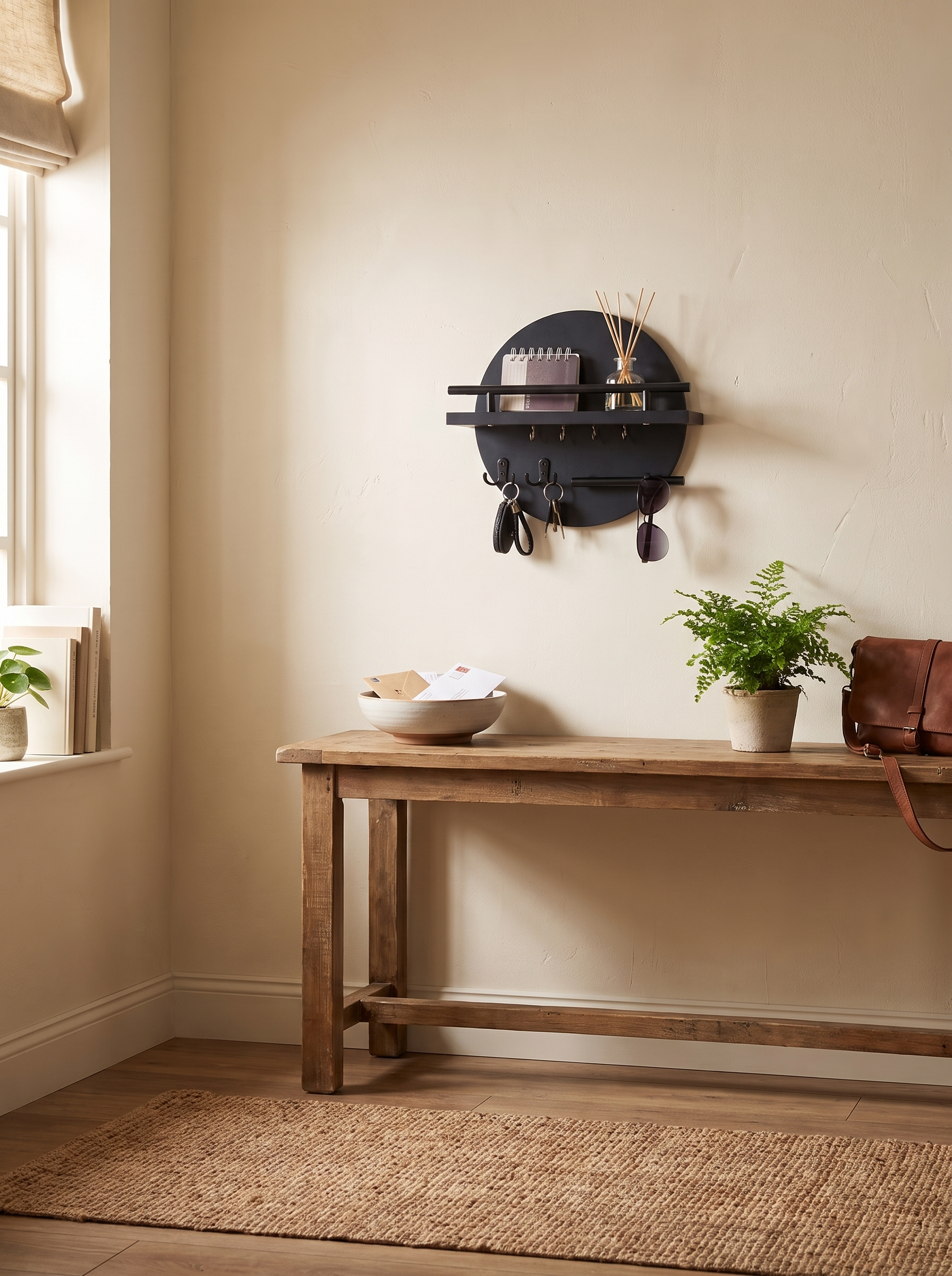 Rustic Round Wooden Key Holder for Wall in a home setting, view 3