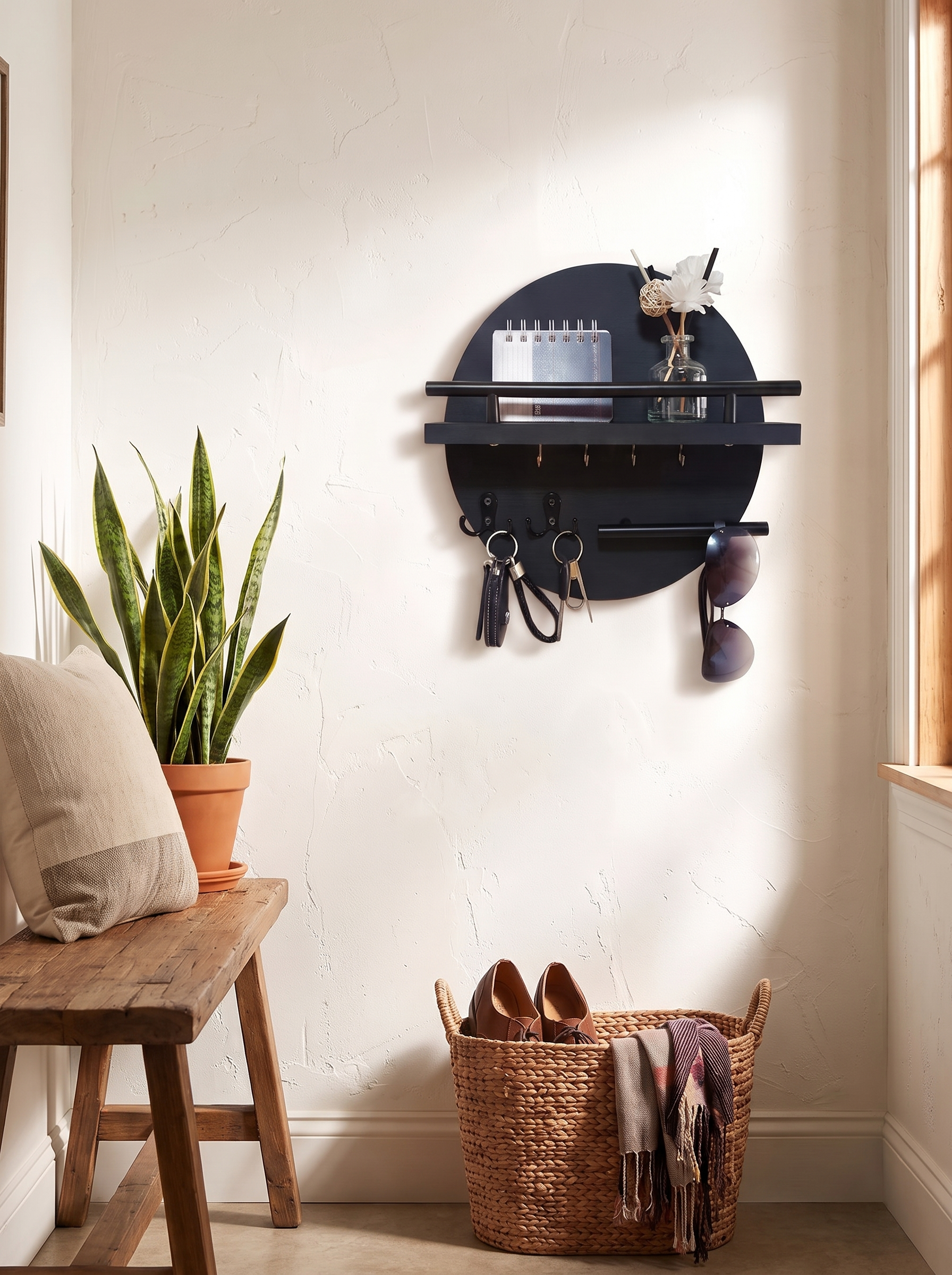 Rustic Round Wooden Key Holder for Wall in a home setting, view 2